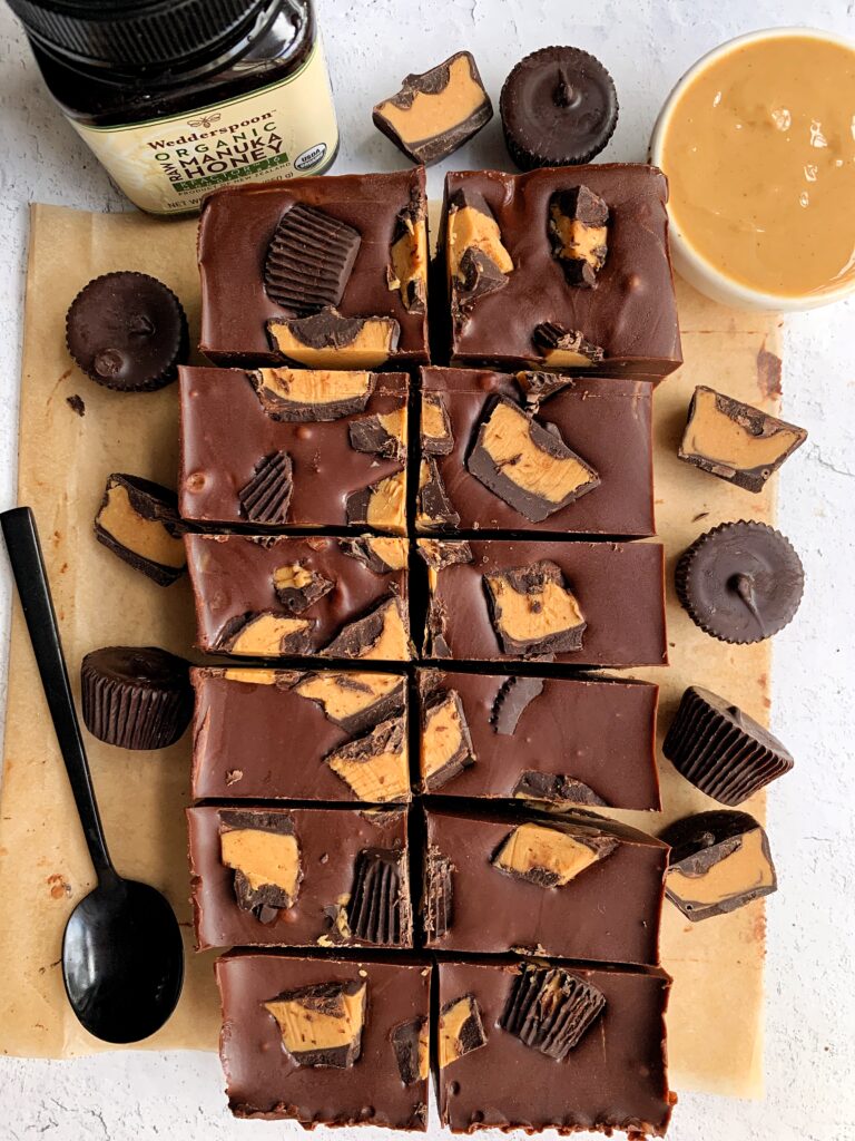 Easy 4-ingredient Chocolate Peanut Butter Fudge made with all gluten-free, dairy-free and plant based-friendly ingredients! You only need dark chocolate, peanut butter, honey and peanut butter cups!