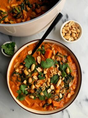 The dreamiest One-Pot Peanut Soup with Chicken + Veggies made with all gluten-free and dairy-free ingredients. This soup is such a unique and flavorful recipe filled with all wholesome and healthy ingredients.