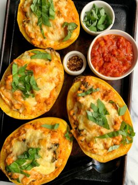 These Paleo Spaghetti Squash Lasagna Boats are a family favorite! A delicious, healthy and easy meal to make using spaghetti squash with a lasagna twist.
