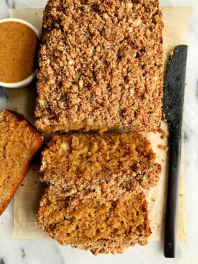 Paleo Cinnamon Streusel Banana Coffee Cake made with all gluten-free and dairy-free ingredients. The most delicious banana bread topped with a streusel crumb topping.