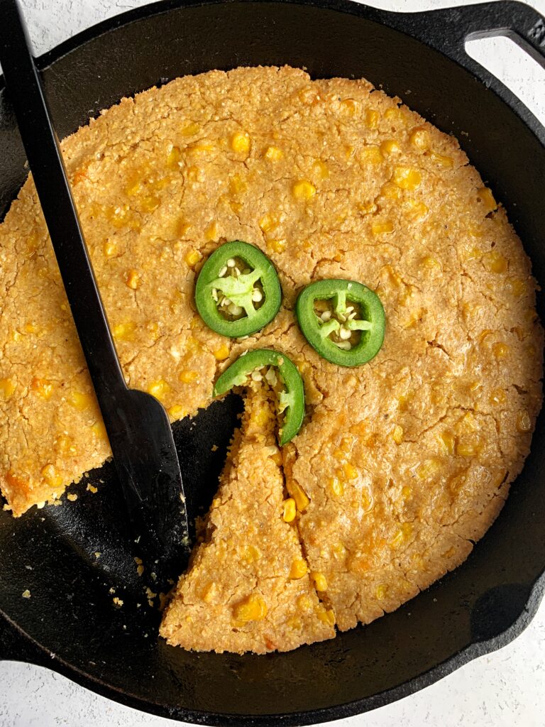 Gluten-free Cheesy Jalapeño Cornbread Skillet made with all nut-free ingredients. A delicious and easy healthier cornbread skillet ready in just 30 minutes.