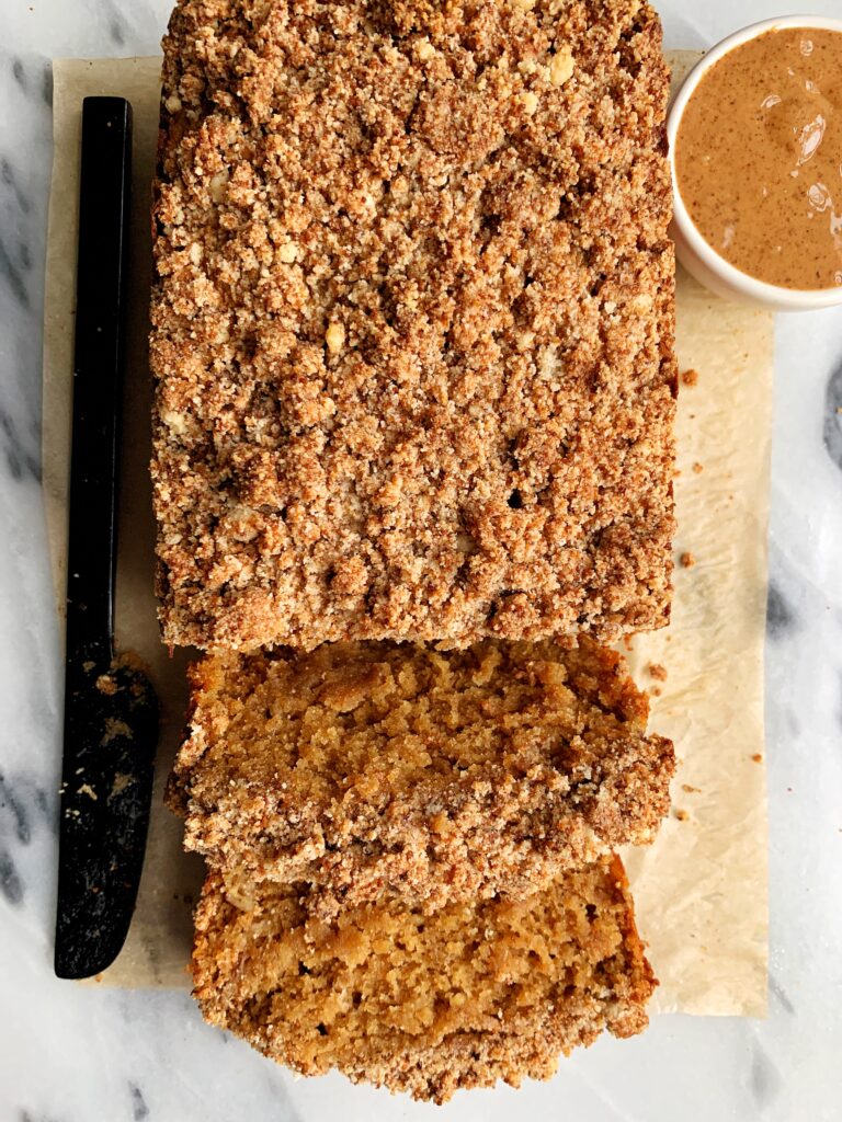 Paleo Cinnamon Streusel Banana Coffee Cake made with all gluten-free and dairy-free ingredients. The most delicious banana bread topped with a streusel crumb topping.
