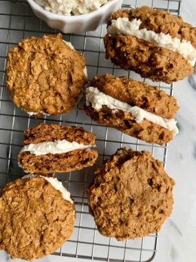 Healthier Vegan Oatmeal Cream Pies made with all gluten-free ingredients. These are copycat "Little Debbie Oatmeal Creme Pies" and SO dreamy and addicting! 