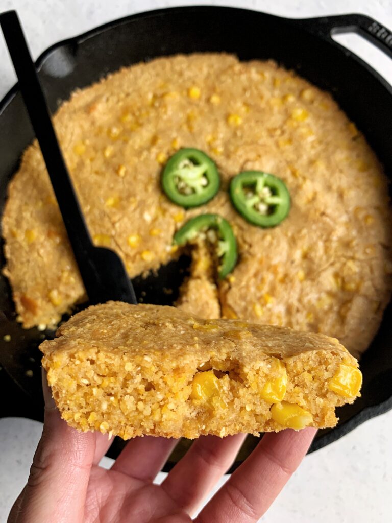 Gluten-free Cheesy Jalapeño Cornbread Skillet made with all nut-free ingredients. A delicious and easy healthier cornbread skillet ready in just 30 minutes.