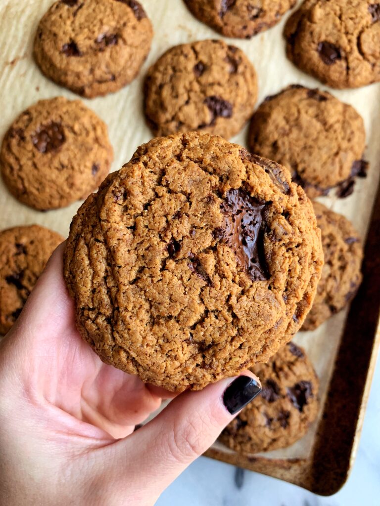 The Best Healthy Crunchy Chocolate Chip Cookies made with all paleo, vegan and gluten-free ingredients and ready in just 15 minutes! No chilling the dough and made with just 7 ingredients.