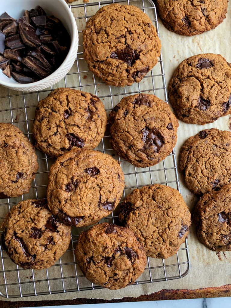 The Best Healthy Crunchy Chocolate Chip Cookies made with all paleo, vegan and gluten-free ingredients and ready in just 15 minutes! No chilling the dough and made with just 7 ingredients.