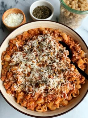 This is the best ever healthy pasta recipe with meat sauce! Gluten-free and made in just 20 minutes, this recipe is a hit in our home and one we crave all the time.