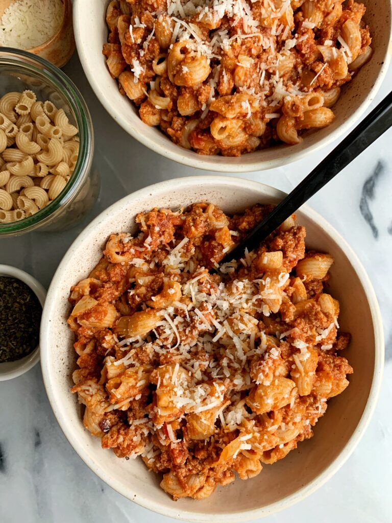 This is the best ever healthy pasta recipe with meat sauce! Gluten-free and made in just 20 minutes, this recipe is a hit in our home and one we crave all the time.