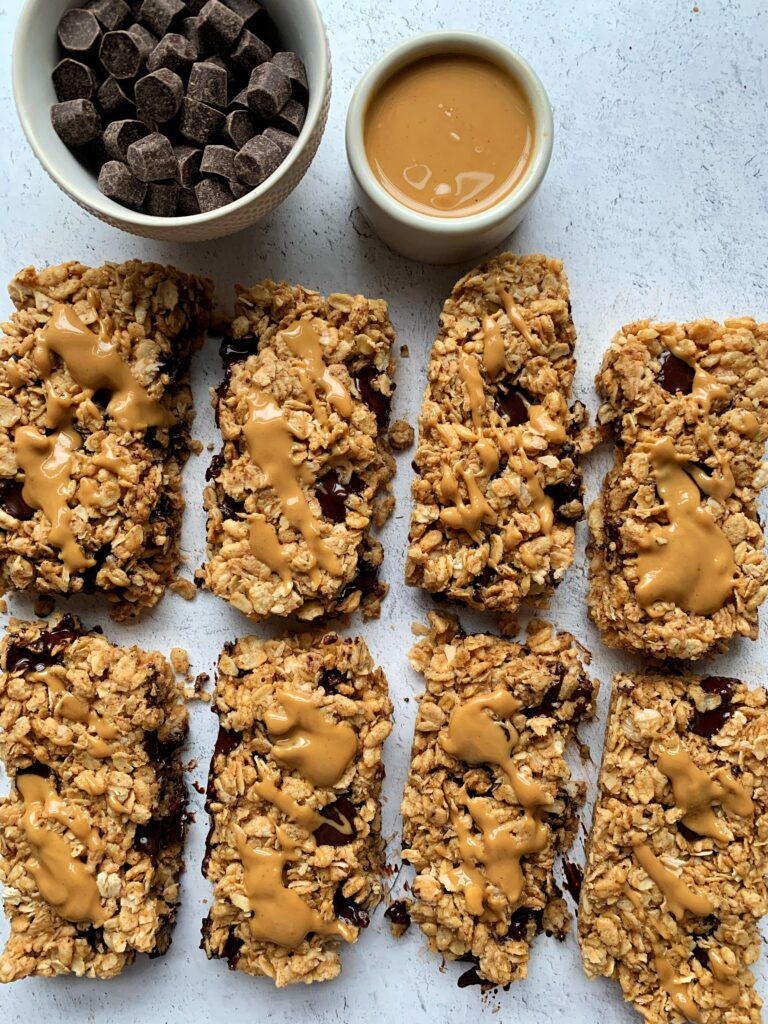 Vegan Chocolate Chip Peanut Butter Granola Bars made just 4 ingredients! These are such an easy gluten-free and homemade chewy granola bar recipe anyone and everyone loves!