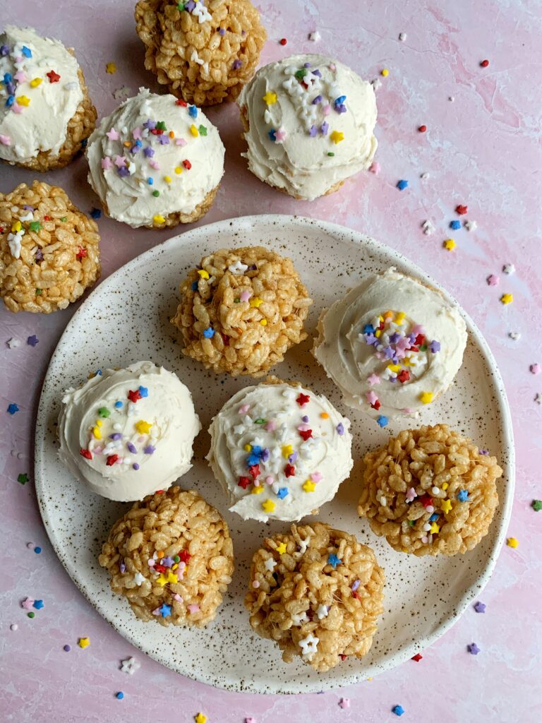 Epic Browned Butter Funfetti Rice Crispy Treats made with just 3 ingredients then your favorite sprinkles and frosting on top! 
