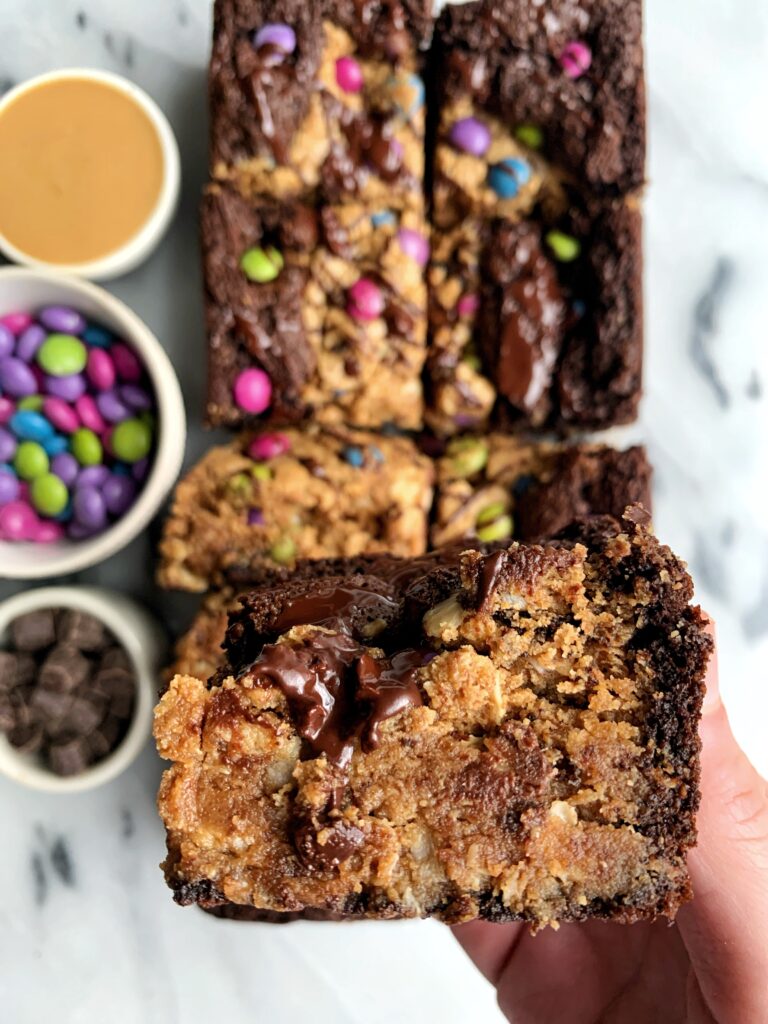 These Best Ever Gluten-free Monster Cookie Brownies are truly life changing. The ultimate healthier brookie recipe with a twist.