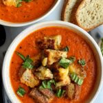 This healthier Vegan Creamy Tomato Soup with Grilled Cheese Croutons is the ultimate comfort food recipe! The dairy-free soup is made with 5 ingredients and topped with delicious grilled cheese made into "croutons".