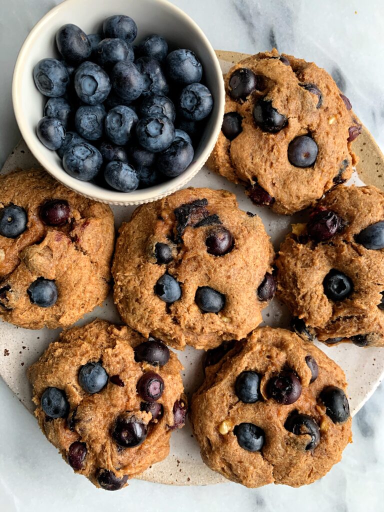 Vegan Blueberry Banana Bread Muffin Tops made with all gluten-free and dairy-free ingredients. Plus you only need 5 ingredients to whip these up for an easy breakfast or snack idea!