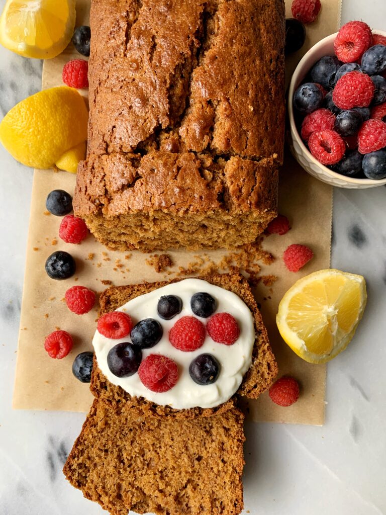 This Gluten-free Lemon Olive Oil Pound Cake is just the recipe to bake! Made with just a few simple and healthy ingredients, this golden loaf is just the right amount of sweetness and has a cakey inside with a little crunch on the edges.