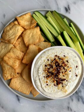 INSANE Creamy Whipped Feta Dip Recipe that is ready in just 5 minutes. Hands down one of the best dips and spreads to make and serve with your favorite chips, veggies, anything!