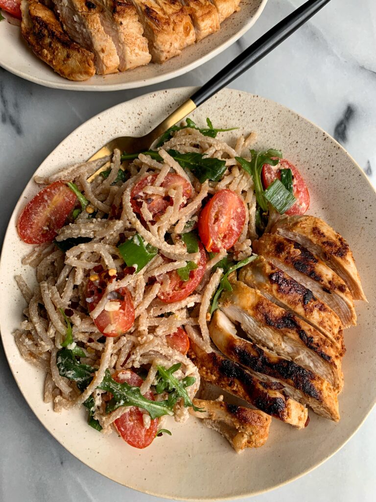 Yogurt Marinated Moroccan Chicken paired with a pasta salad