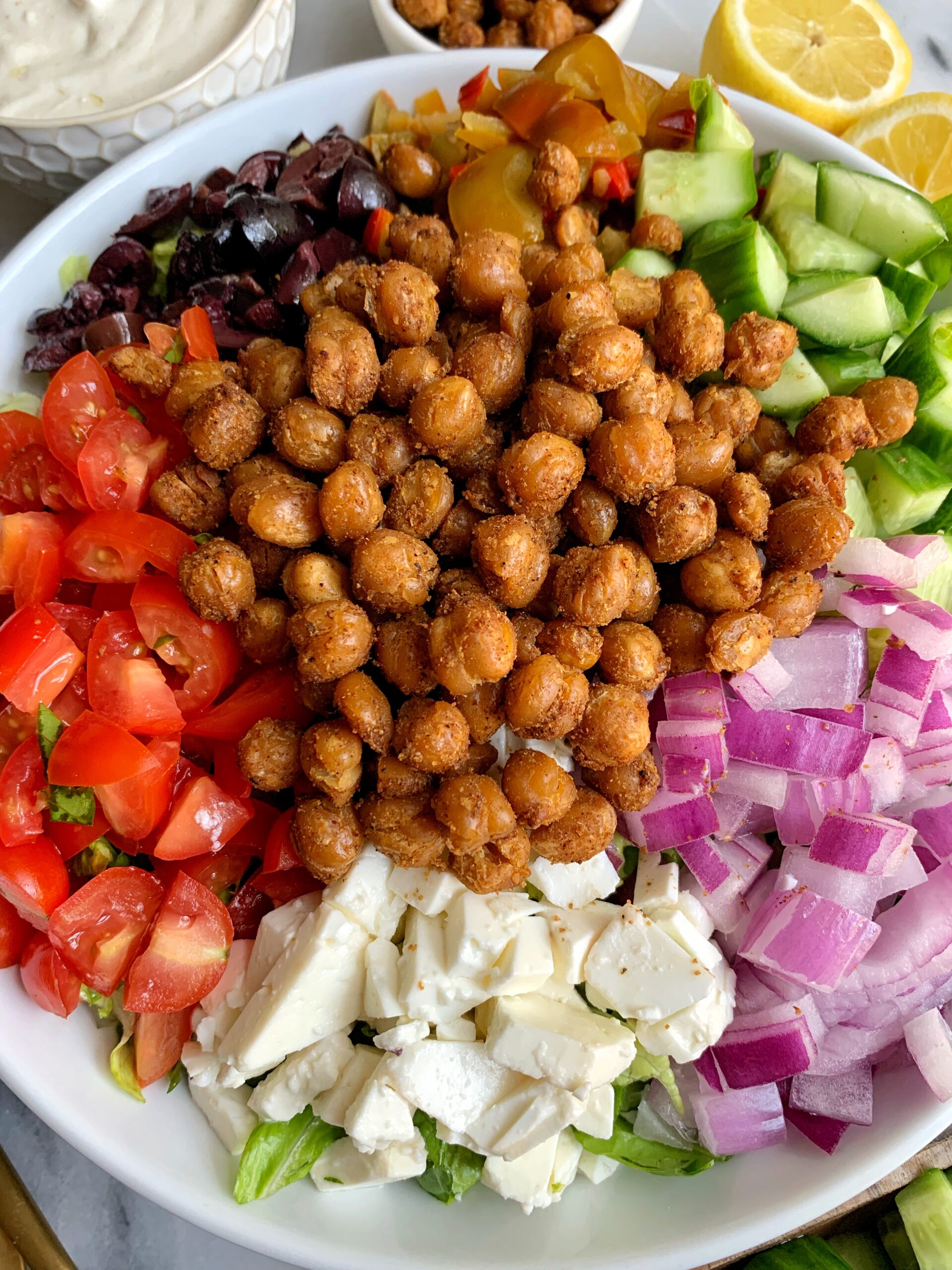 Vegetarian Greek Salad with Tahini Yogurt Dressing - rachLmansfield