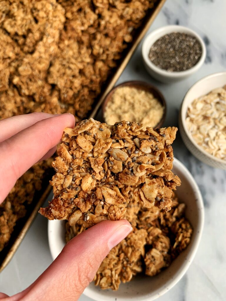 The Best Nut-free Granola recipe with tons of clusters! This is seriously one of my favorite recipes to make and it is vegan, gluten-free and so easy to whip up.