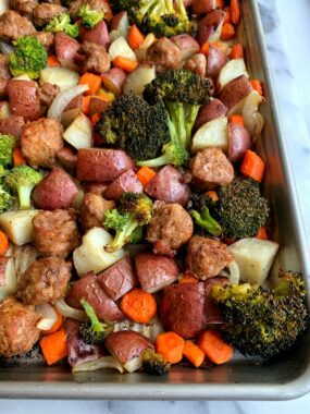 Let's make this Sheet Pan Sausage Dinner! A healthy and easy recipe to make that requires one baking sheet, sausage and veggies!