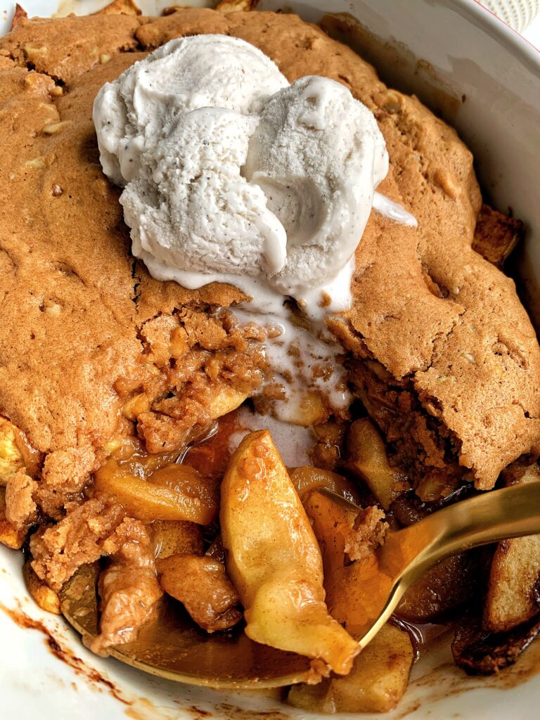 Crazy Good Vegan Apple Cobbler made with all gluten-free ingredients. Topped with your favorite ice cream and this is the most heavenly apple dessert!