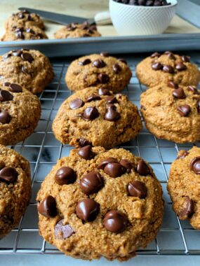 Gluten-free Pumpkin Chocolate Chip Cookies made with all dairy-free ingredients. These cookies are a crowd pleaser and only take 15 minutes to make!