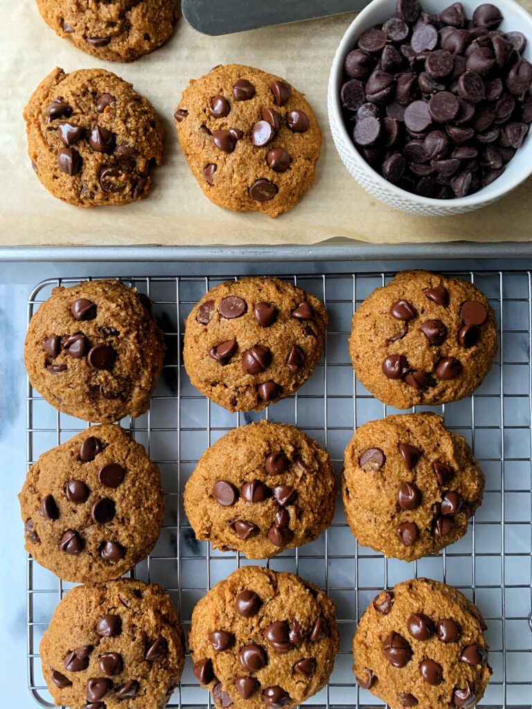 Gluten-free Pumpkin Chocolate Chip Cookies made with all dairy-free ingredients. These cookies are a crowd pleaser and only take 15 minutes to make!