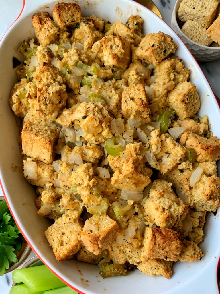 Crazy Good Gluten-free Cornbread Stuffing! My husband's go-to stuffing recipe that has quickly become a family staple for Thanksgiving.