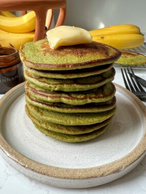 Spinach Banana Pancakes made in the blender with gluten-free and dairy-free ingredients. Perfect for infants, toddlers, kids and adults!