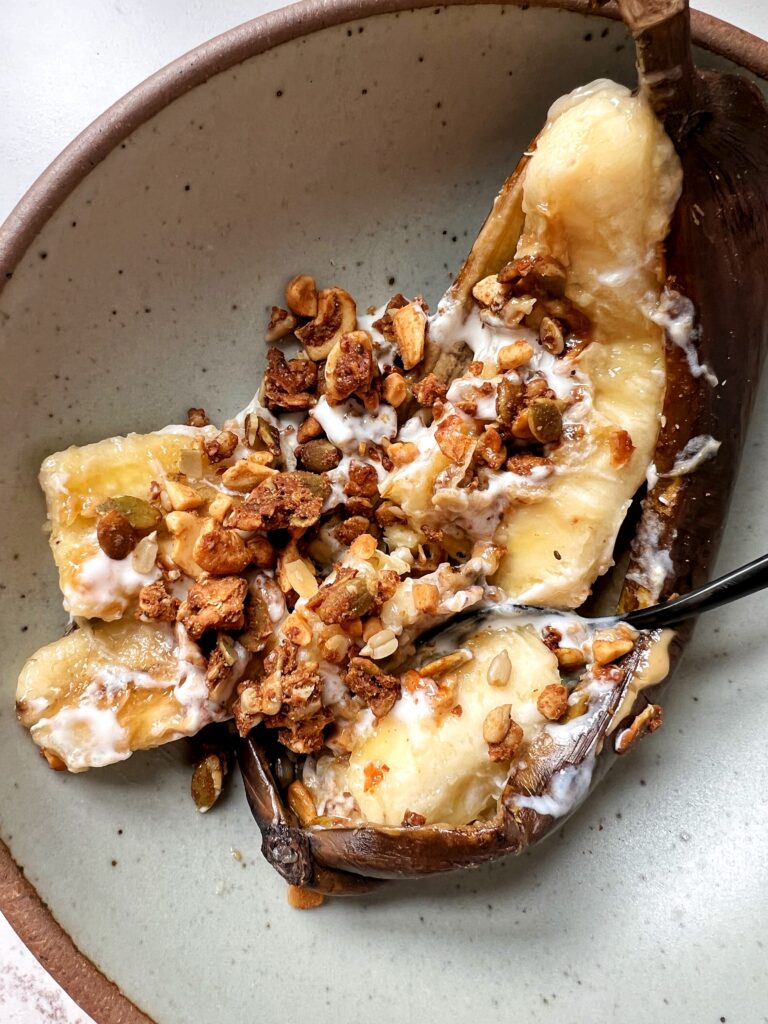 The Viral Air Fryer Banana Split Recipe that has me craving bananas every single day now. This recipe takes 5 minutes to make and it's gluten-free, vegan and absolutely delicious.