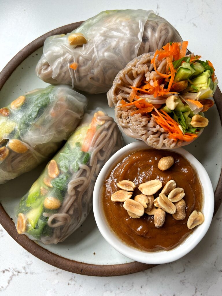 Vegan Soba Noodle Spring Rolls with Peanut Sauce for dipping! An easy and healthy meal to make that takes 15 minutes to put together.