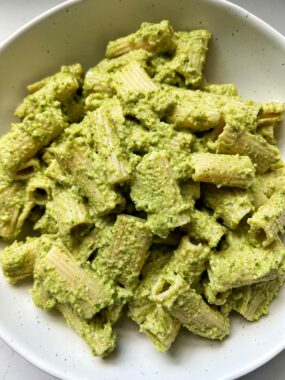 This Broccoli Pesto Pasta is such an easy and delicious dinner recipe for the whole family to make. My kids love it too and it's gluten-free, nut-free and perfect to meal prep.