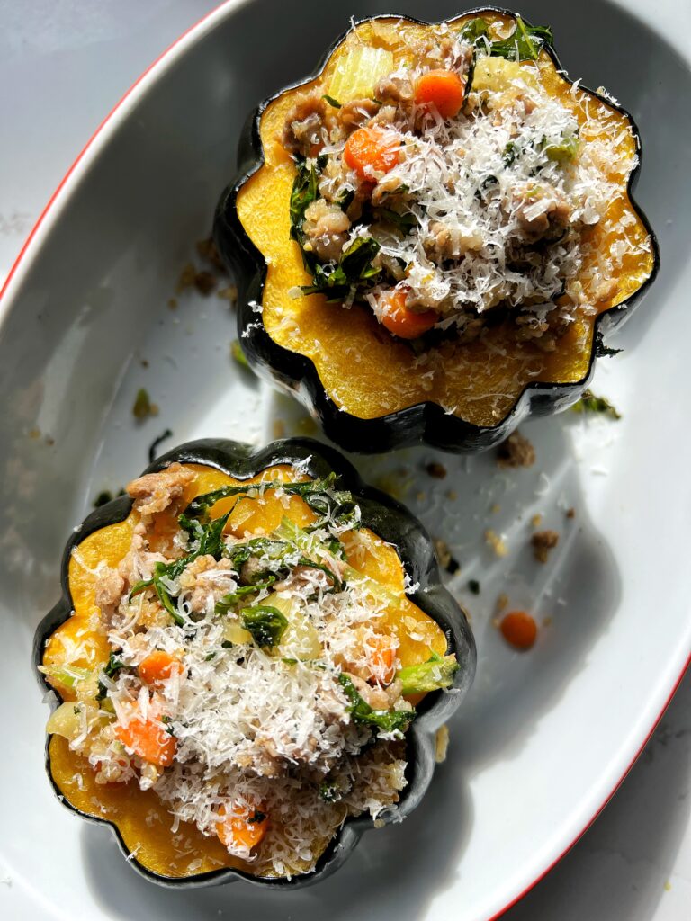 Try this Stuffed Acorn Squash recipe next time you are looking for a healthy and hearty dinner idea! Made with all gluten-free ingredients and filled with quinoa, sausage and vegetables.