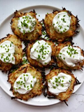 These easy Air Fryer Latkes are a must-make recipe when the craving for latkes strikes. Made with all gluten-free and grain-free ingredients and making your kitchen 100x less messy than the traditional way of making latkes.