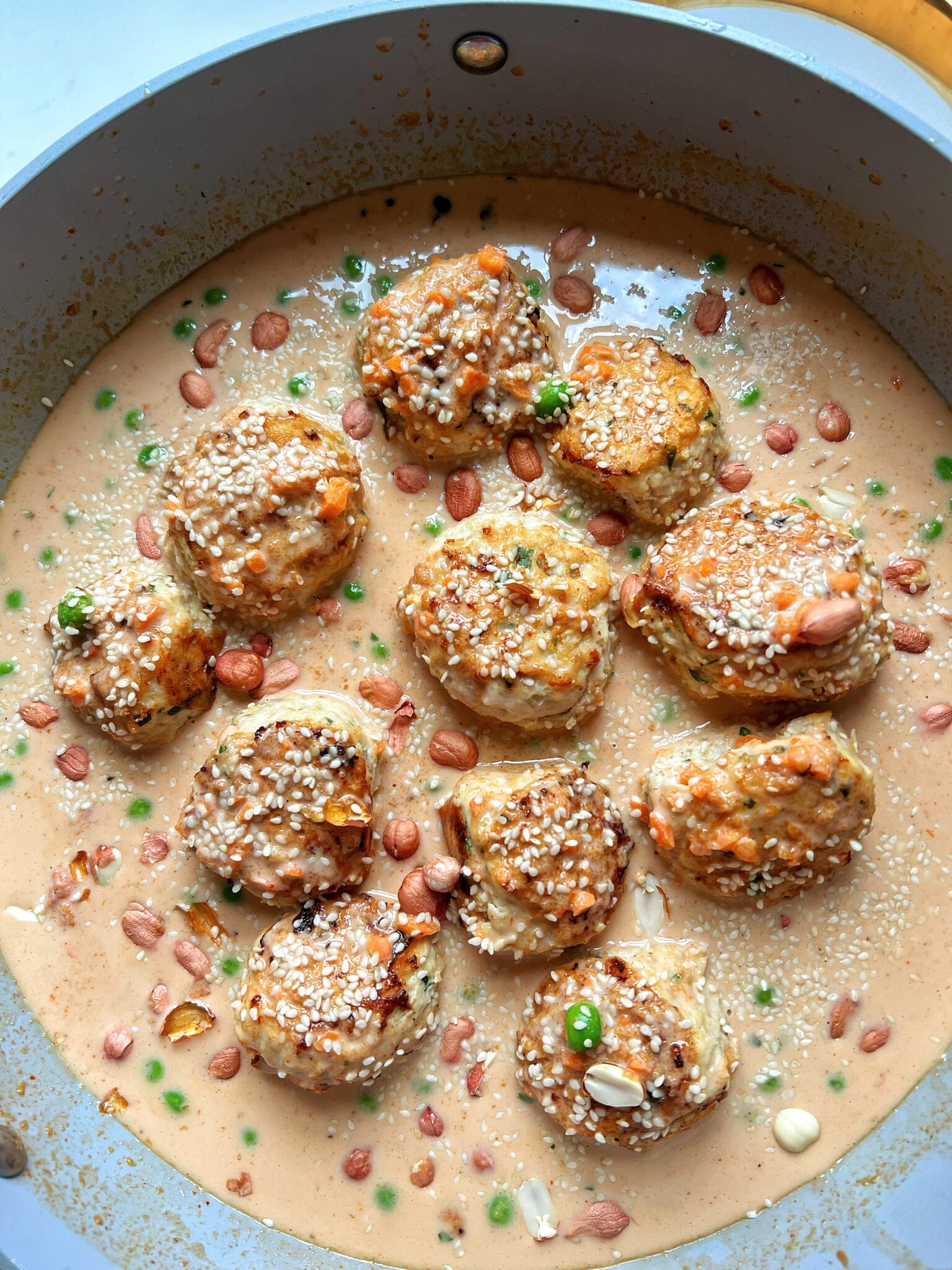 Ginger Chicken Meatballs with Peanut Sauce - rachLmansfield