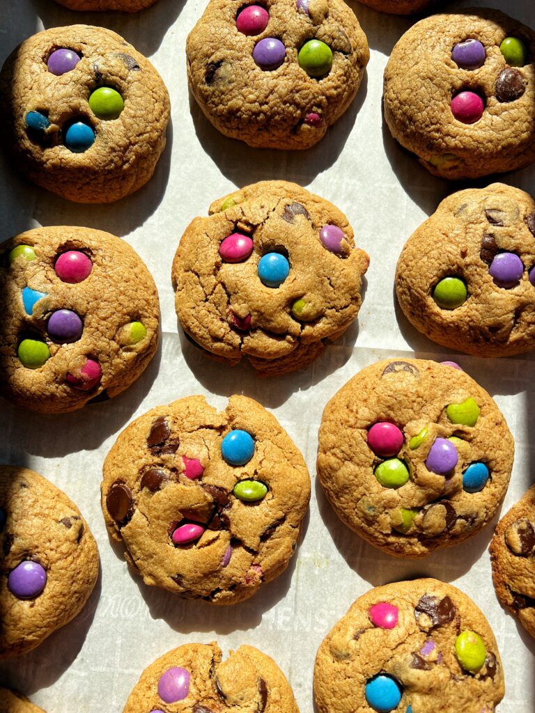 These soft baked M&M Cookies have chewy edges, soft center and they are filled with chocolate chips and copycat M&M candy and they're gluten-free and nut-free.