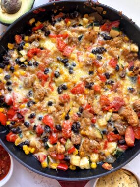 This Tex-Mex Chicken Skillet is one of my favorite one-pan dinners that is ready in under 30 minutes. It is loaded with flavor and it is so good to serve with some tortilla chips or rice.