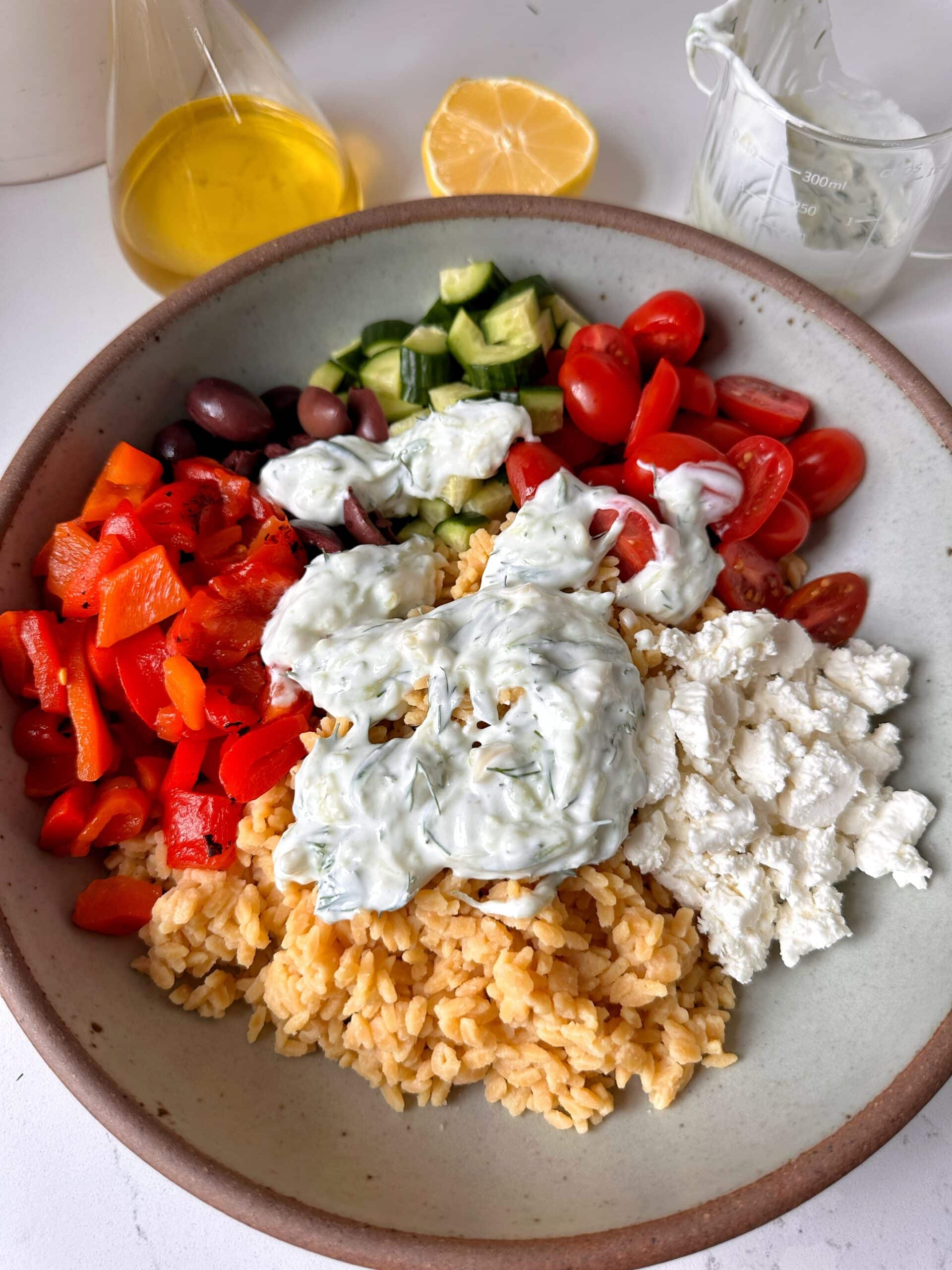 Creamy Greek Orzo Pasta Salad with Homemade Tzatziki Dressing