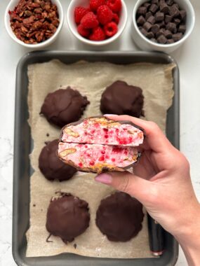 These Raspberry Chocolate Yogurt Clusters are a must-make! One of the viral desserts all over social media and it is packed with protein, satisfies a sweet tooth and they're made with 5 ingredients. Plus these are gluten-free and can easily be made dairy-free with another yogurt option.