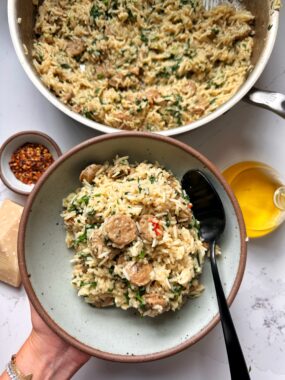 This One Pot Creamy Rice with Sausage is packed with flavor, protein and is an easy 30 minute meal made with gluten-free ingredients. Such an easy weeknight dinner idea that requires minimal prep.